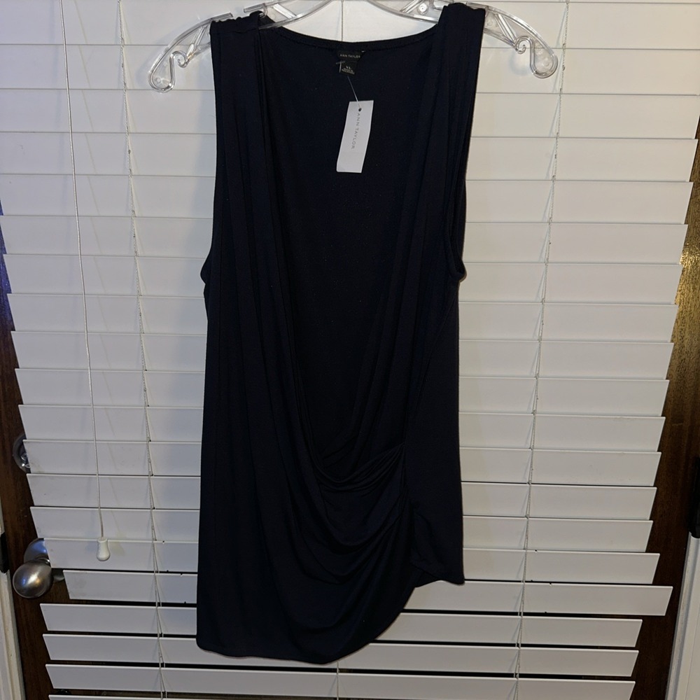 Ann Taylor Navy Blue Draped‎ Cowl Neck Asymmetrical Sleeveless Blouse XL NWT